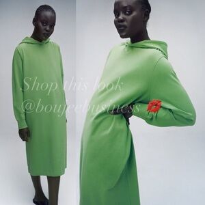 ZARA BNWT Green Hooded Long Sleeve Midi Dress with Pockets